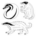 Set of black and white badgers. Heraldry and coloring books and pages. Hand drawn vector illustration